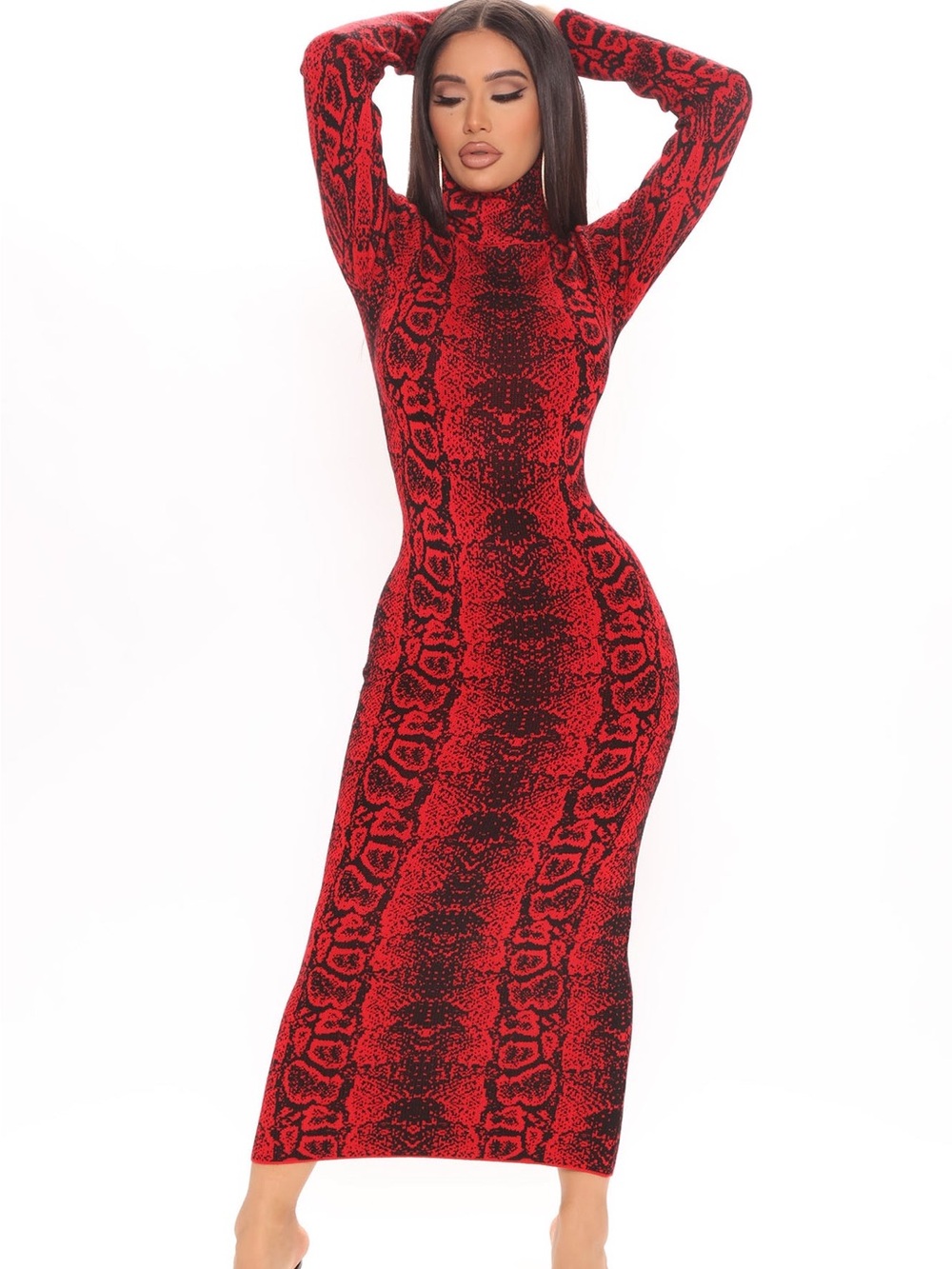 Fashion Nova Red & Black Snake-Print Turtleneck Maxi Dress